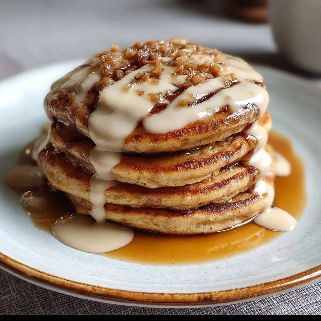 Stack of vegan cinnamon roll pancakes served with syrup and cinnamon sugar