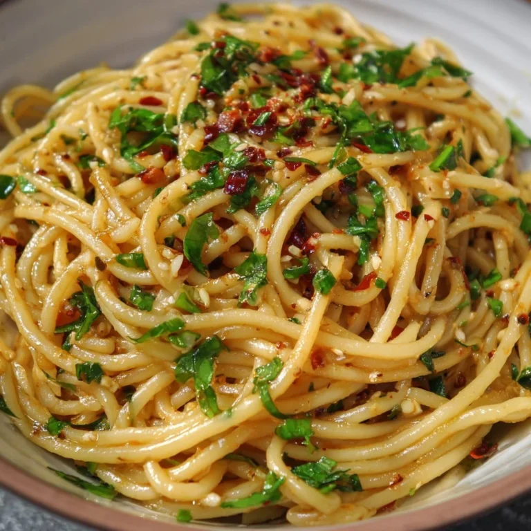 Plate of Vegan Garlic Noodles with fresh herbs and garlic sauce