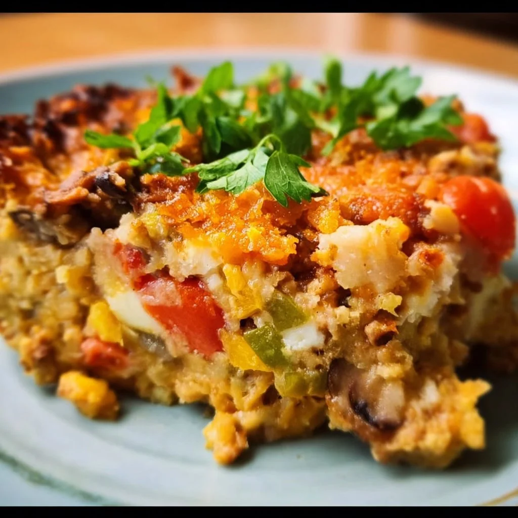 Vegan high-protein casserole topped with fresh herbs in a baking dish.