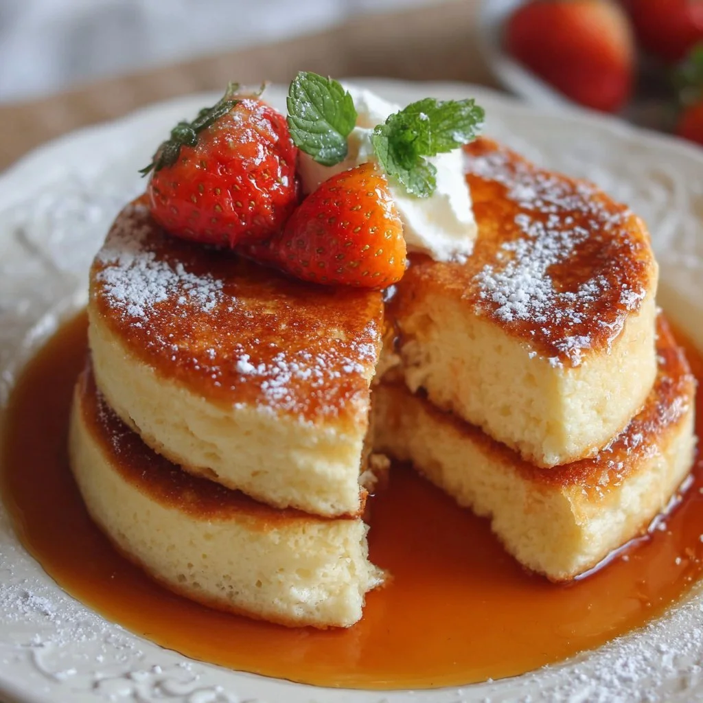 Fluffy Vegan Japanese Souffle Pancakes stacked beautifully on a plate.
