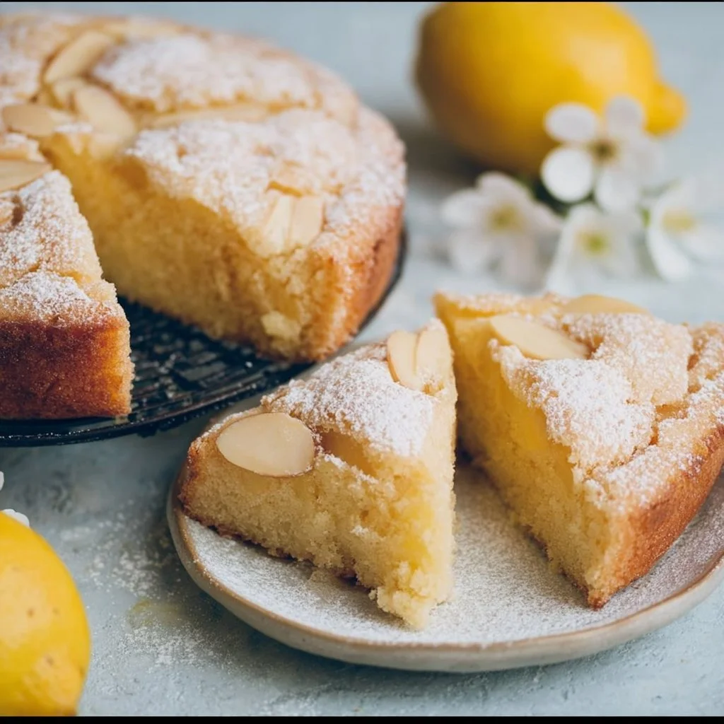 Vegan Lemon Curd Almond Cake topped with lemon slices and almonds.