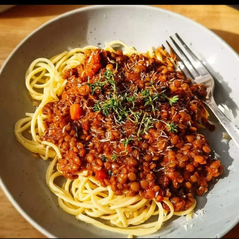 Bowl of Vegan Lentil Bolognese served with pasta and fresh herbs
