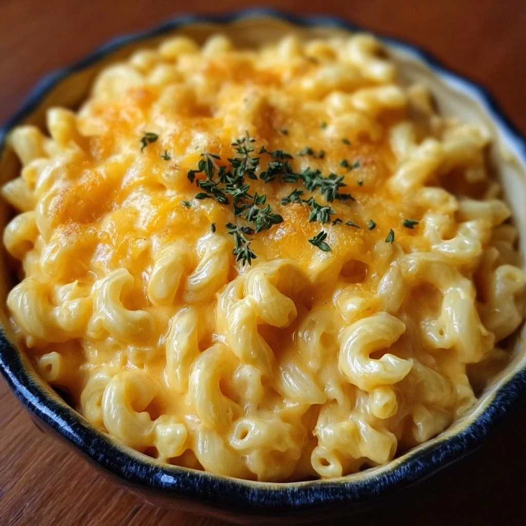 Bowl of creamy Vegan Mac Cheese topped with herbs and spices.