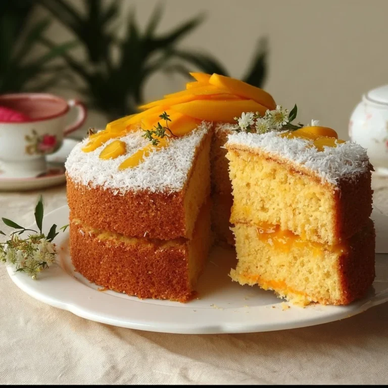 Slice of Vegan Mango Coconut Cake with mango and coconut toppings