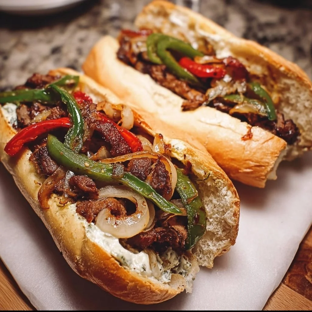 Vegan Philly Cheesesteaks featuring seitan on a toasted hoagie roll