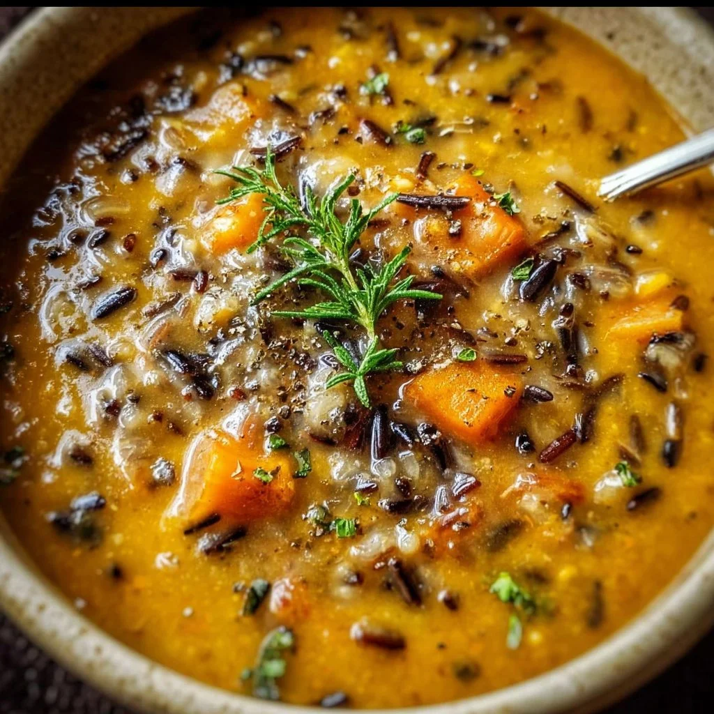 Bowl of Vegan Pumpkin Wild Rice Soup topped with herbs and seeds