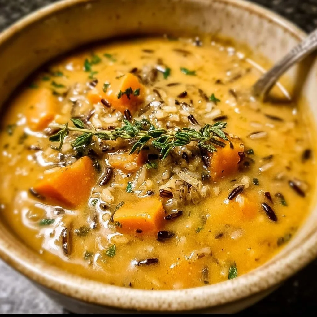 Vegan pumpkin wild rice soup in a bowl garnished with herbs