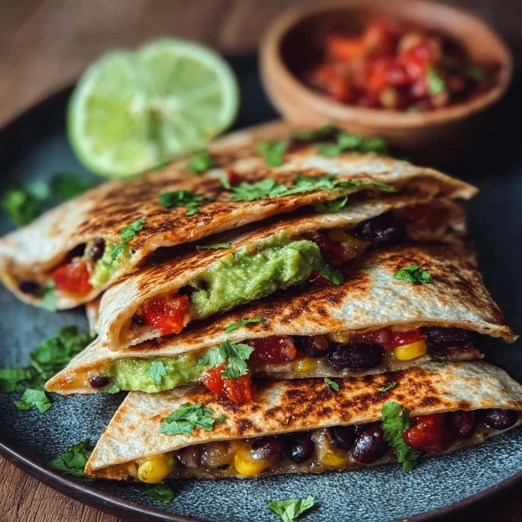 Delicious vegan quesadillas with black beans and avocado served on a plate