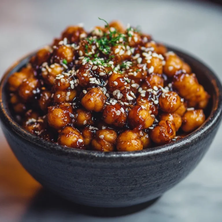 Vegan Sticky Sesame Chickpeas served with fresh vegetables and garnished with sesame seeds