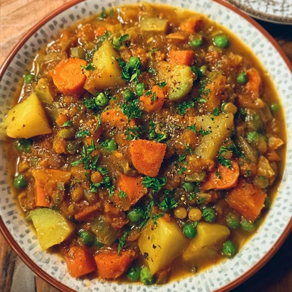 A bowl of vibrant vegan vegetable stew filled with fresh vegetables and herbs.