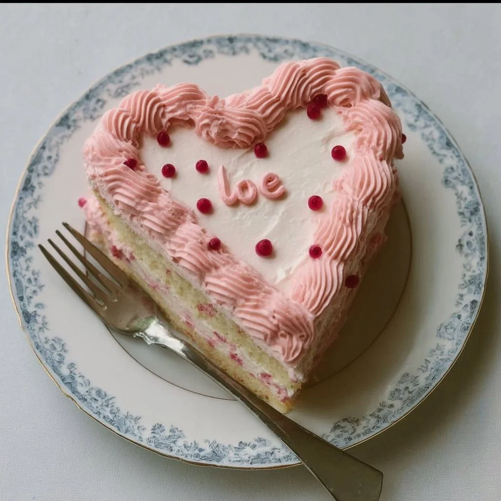 Delicious white heart-shape cake with pink buttercream frosting