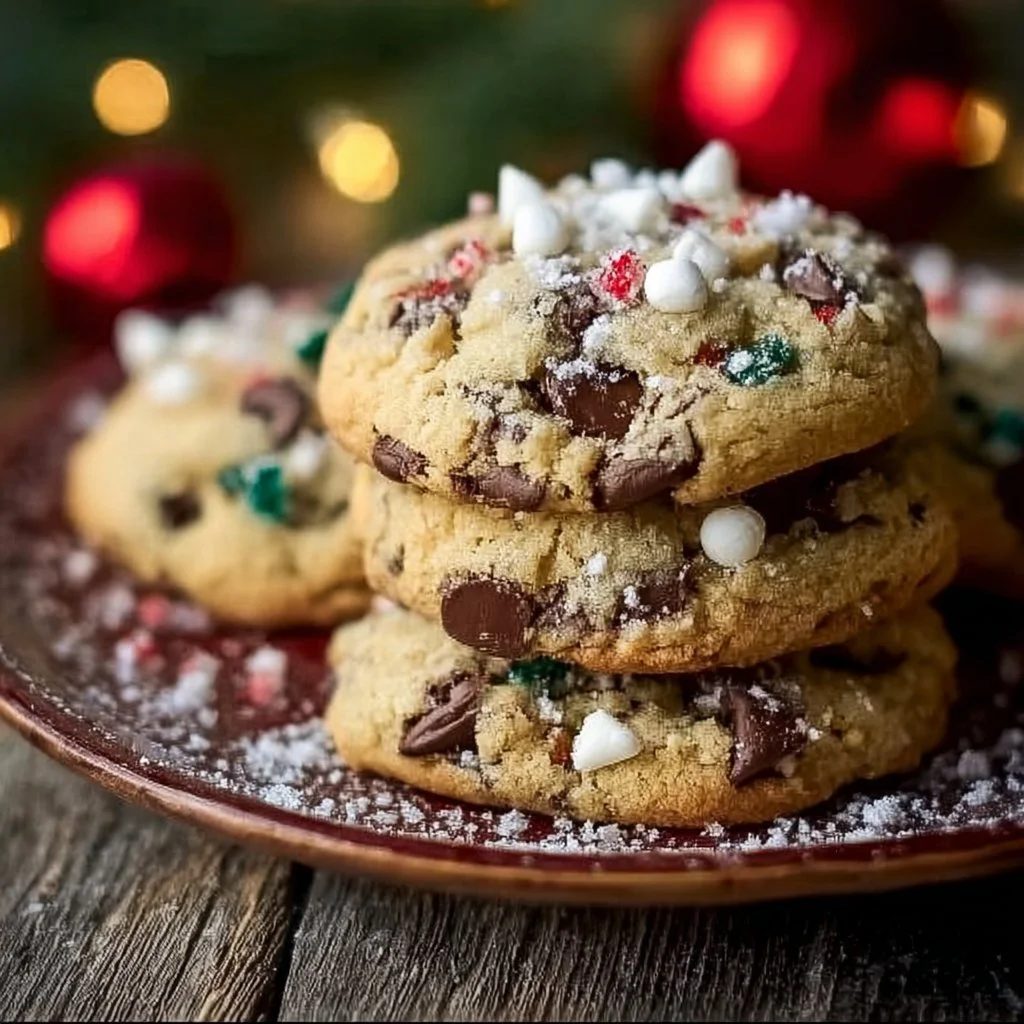 Freshly baked Winter Wonderland chocolate chip cookies on a festive plate