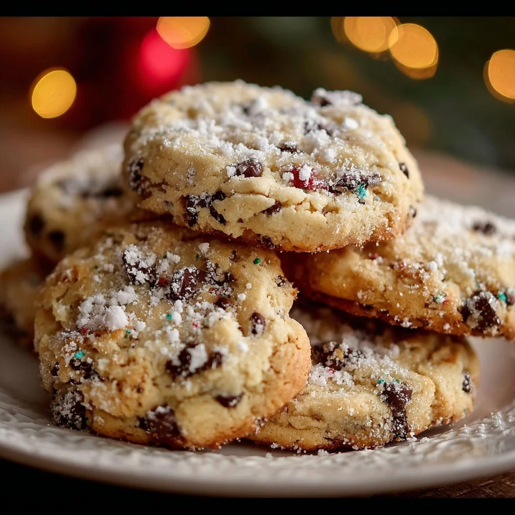 Delicious Winter Wonderland chocolate chip cookies stacked on a cooling rack