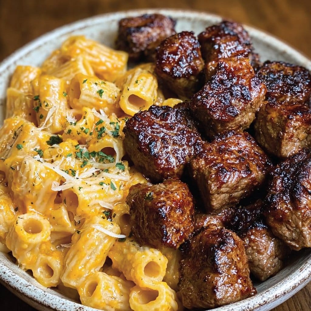 Cajun Steak Tips with Cheesy Rigatoni