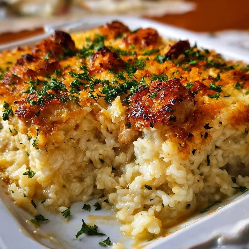 Angel Chicken Rice Casserole with tender chicken and rice, perfect comfort food.