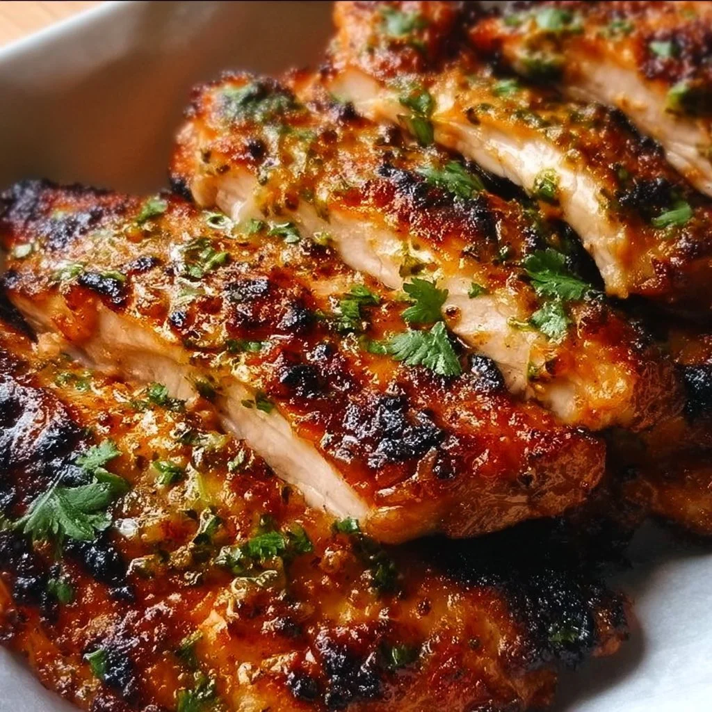 Delicious baked boneless chicken thighs on a plate with herbs