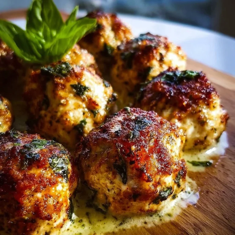 Baked chicken ricotta meatballs served on a plate with herbs and marinara sauce