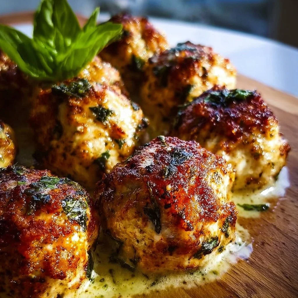 Baked chicken ricotta meatballs served on a plate with herbs and marinara sauce