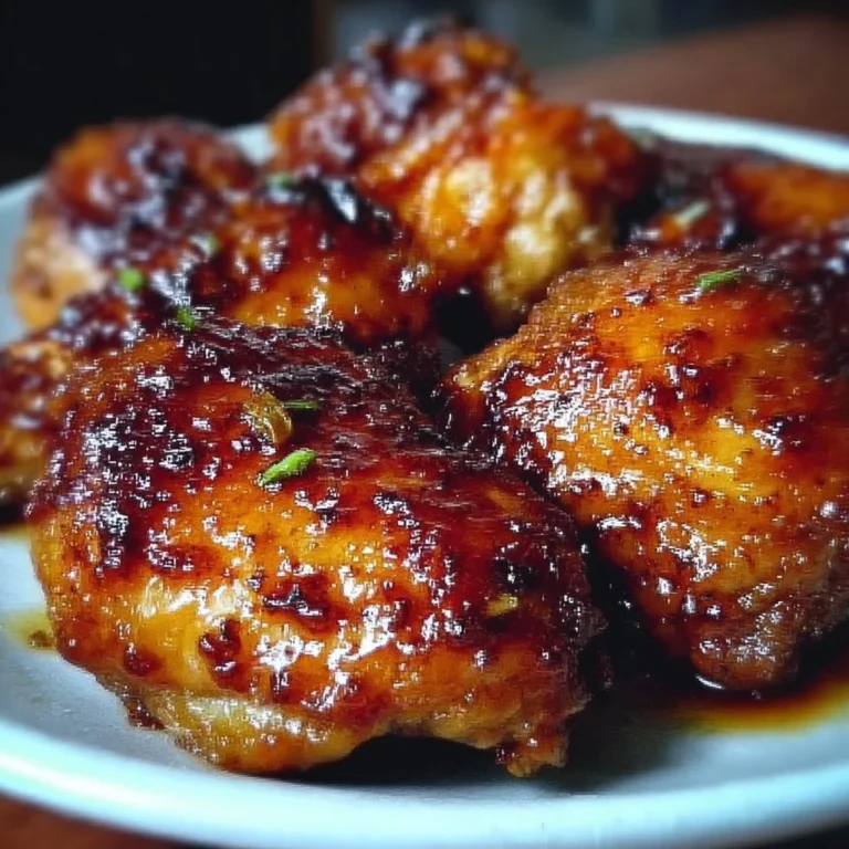 Baked hot honey chicken garnished with herbs, served on a plate.