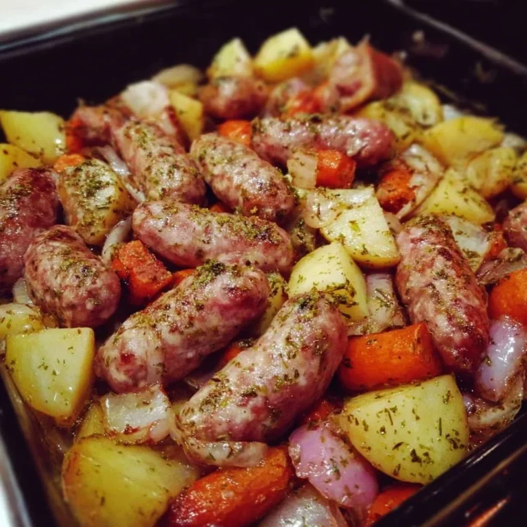 Baked Italian sausage and potatoes served on a white plate