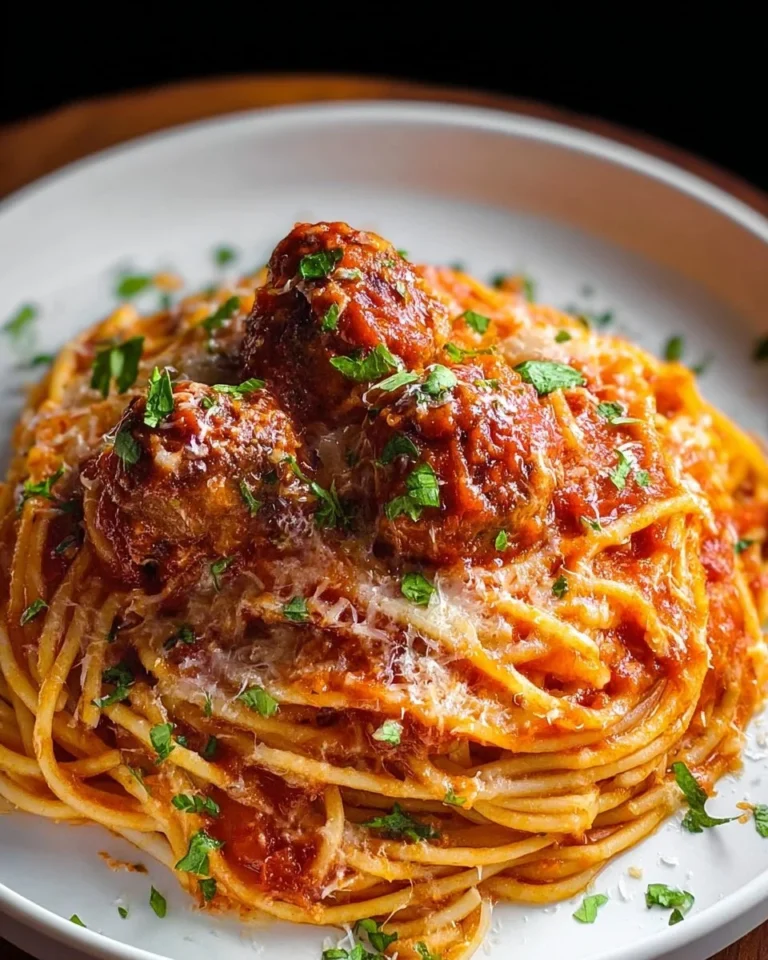 Baked spaghetti and meatballs served with cheese and herbs.