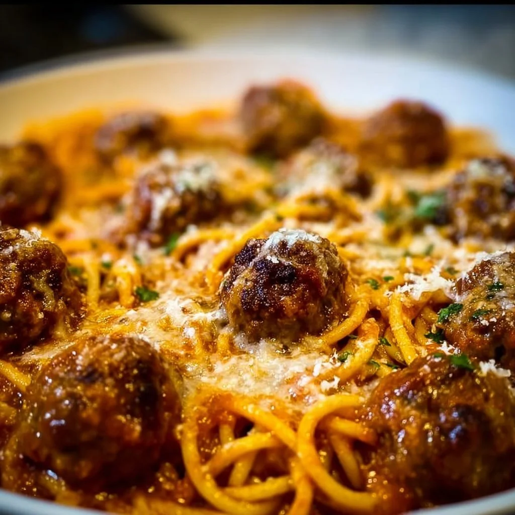 Delicious baked spaghetti meatballs casserole ready to serve