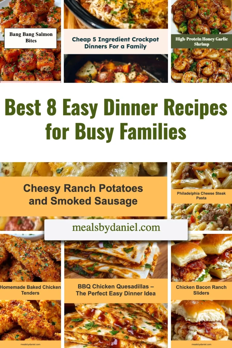 A variety of easy dinner recipes for busy families displayed on a table.