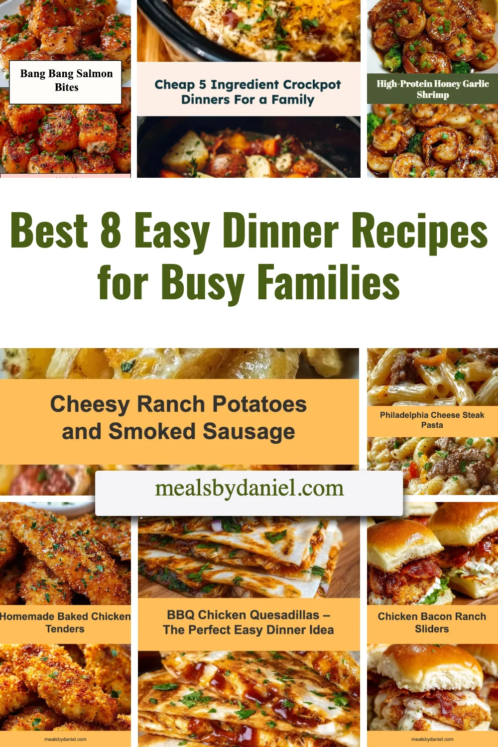 A variety of easy dinner recipes for busy families displayed on a table.