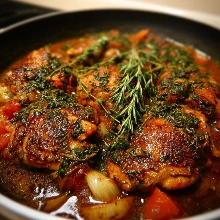 Braised Catalina Chicken served on a plate with herbs and vegetables