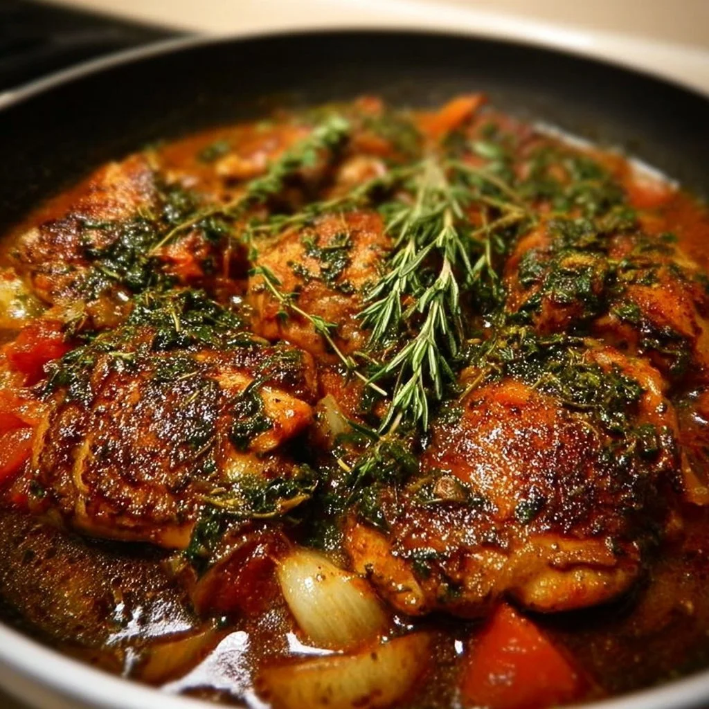 Braised Catalina Chicken served on a plate with herbs and vegetables