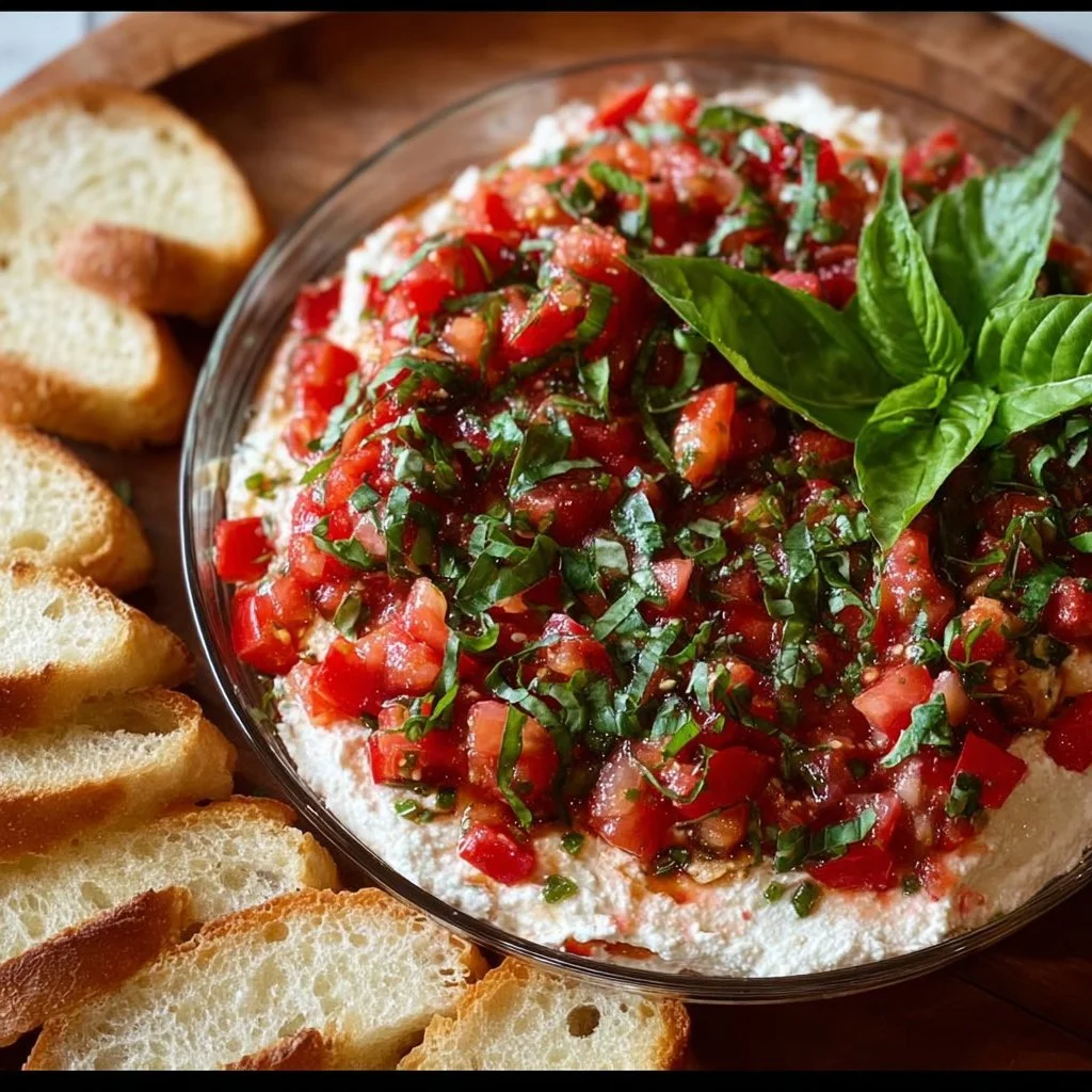 Delicious bruschetta dip served with crispy bread, garnished with herbs.