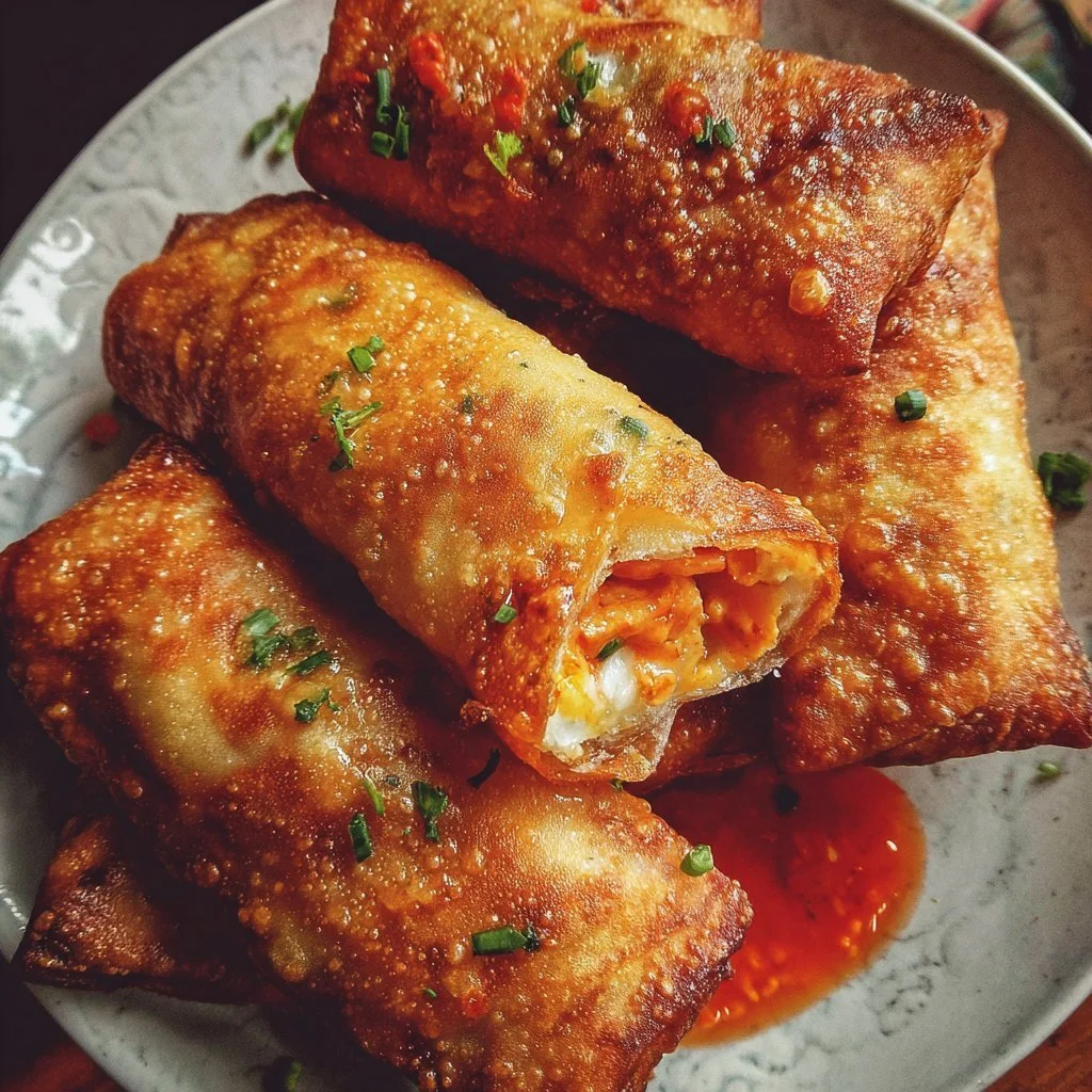 Buffalo chicken egg rolls served on a plate with dipping sauce