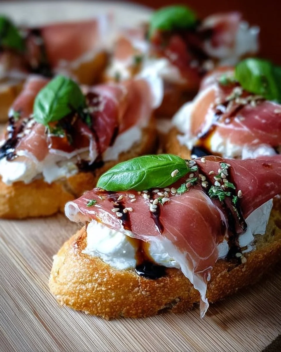Burrata Crostini with prosciutto and fresh herbs served on a rustic wooden board.