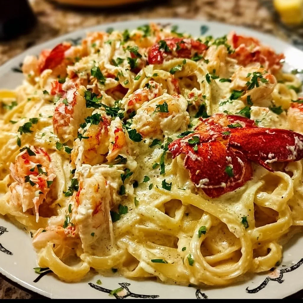 Bowl of Cajun Seafood Alfredo with lobster and crab garnished with parsley
