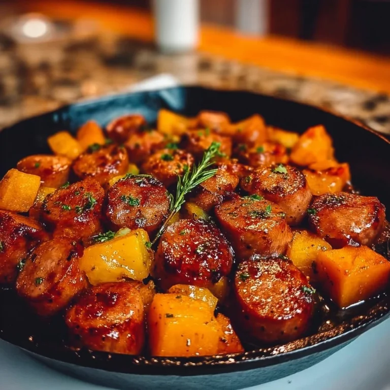 Caramelized sausage and sweet potatoes skillet dinner served in a pan