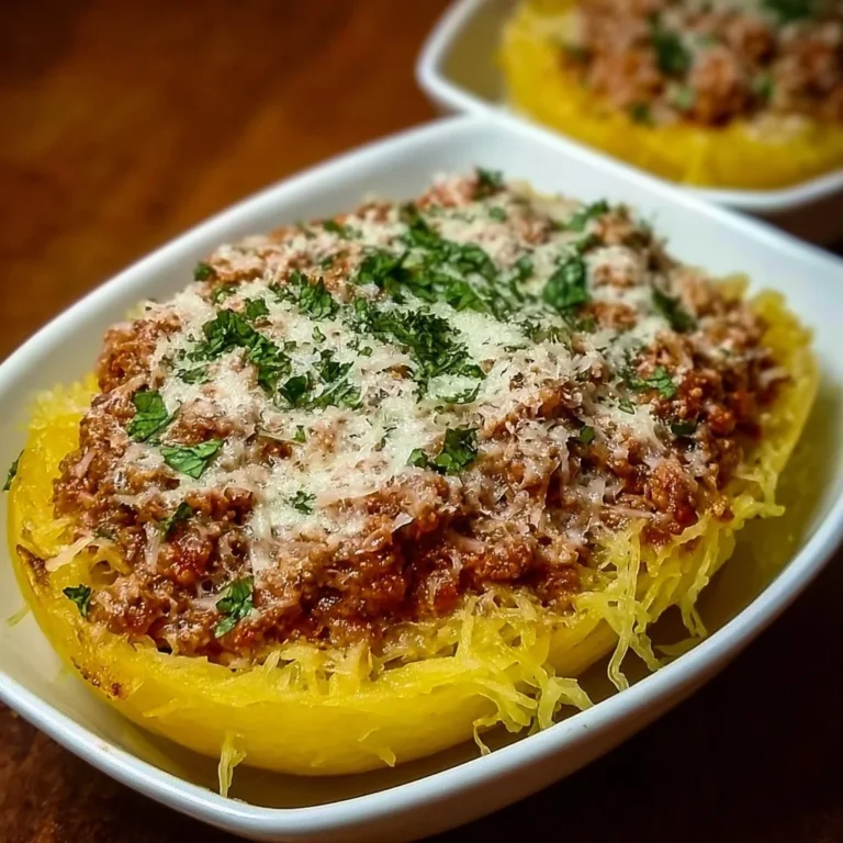Cheesy garlic and herb spaghetti squash with meat sauce served on a plate