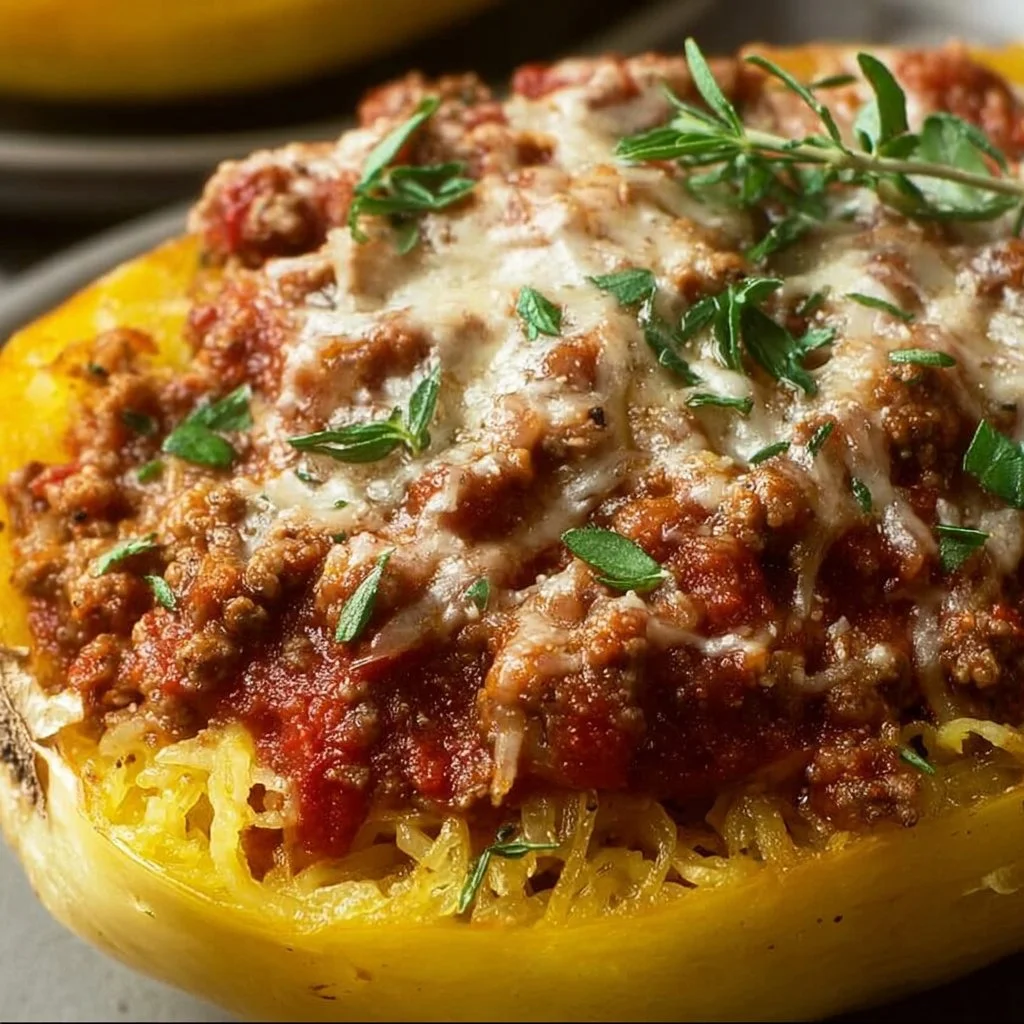Cheesy Garlic and Herb Spaghetti Squash with Meat Sauce