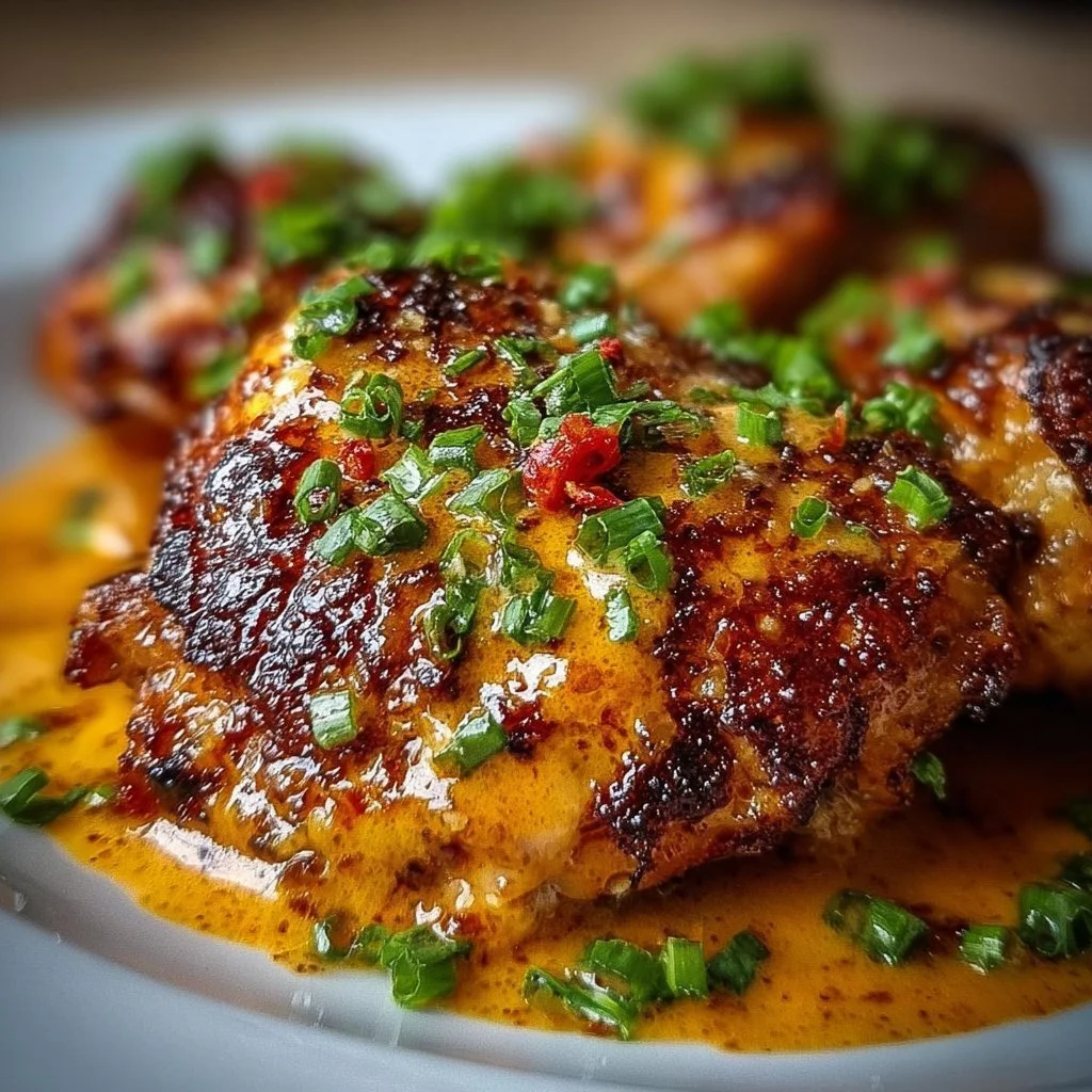 Delicious plate of Chicken Diablo with spicy sauce and garnishes