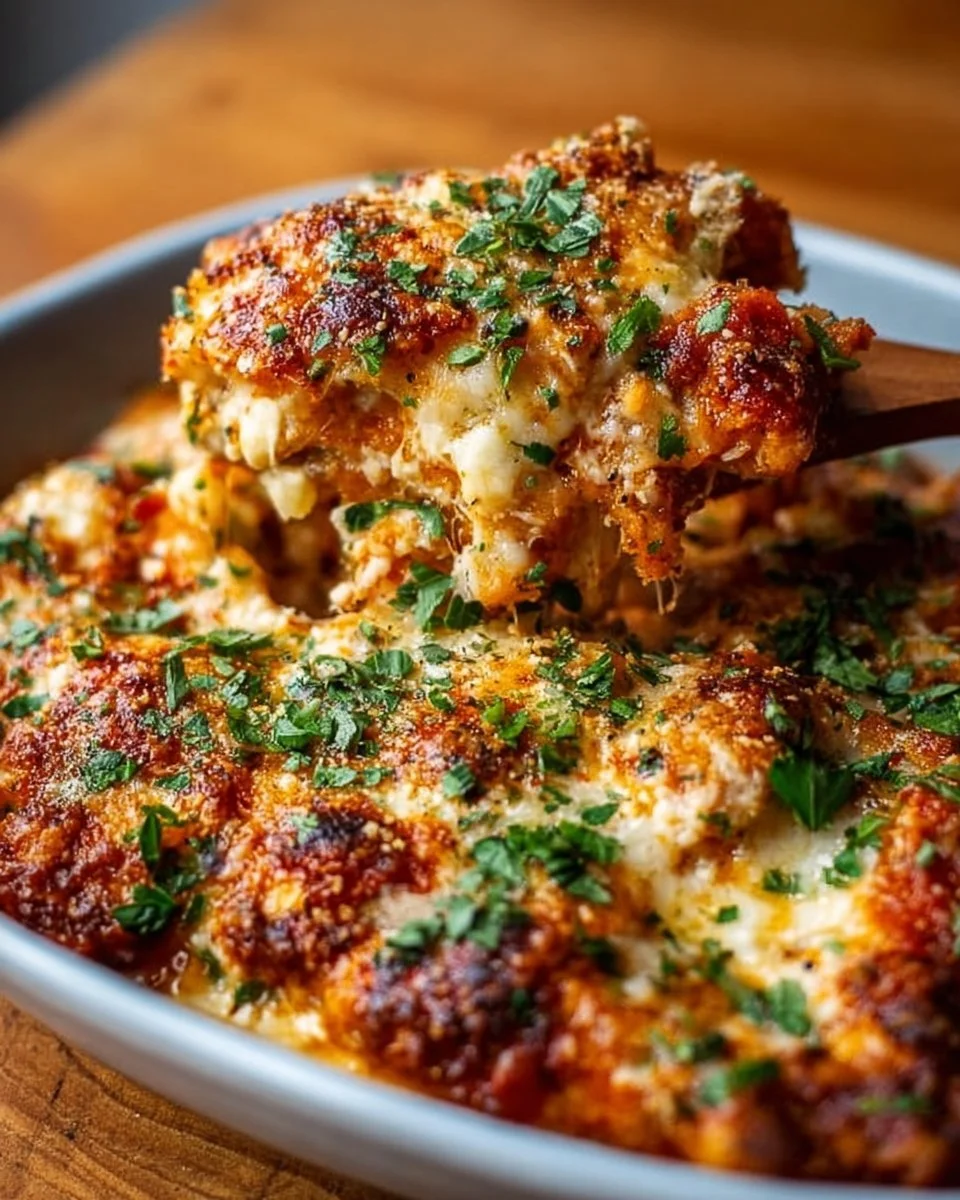 Delicious Chicken Parmesan Casserole topped with cheese and herbs