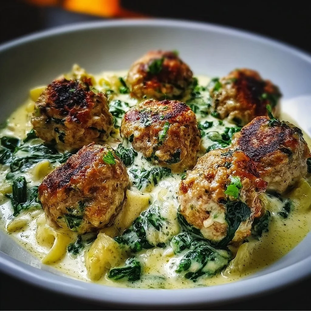 Delicious Chicken Ricotta Meatballs served in creamy Spinach Alfredo sauce