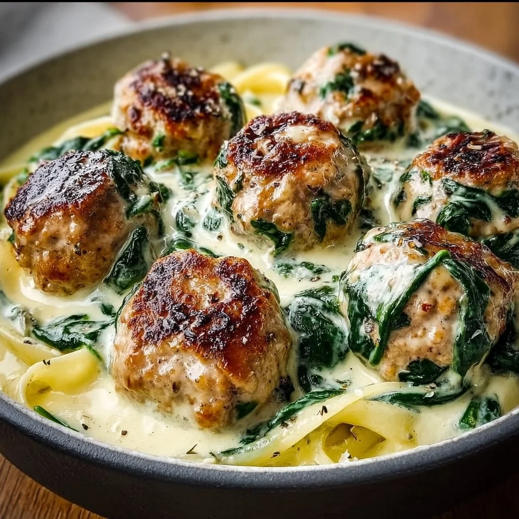 Chicken Ricotta Meatballs with Creamy Spinach Alfredo