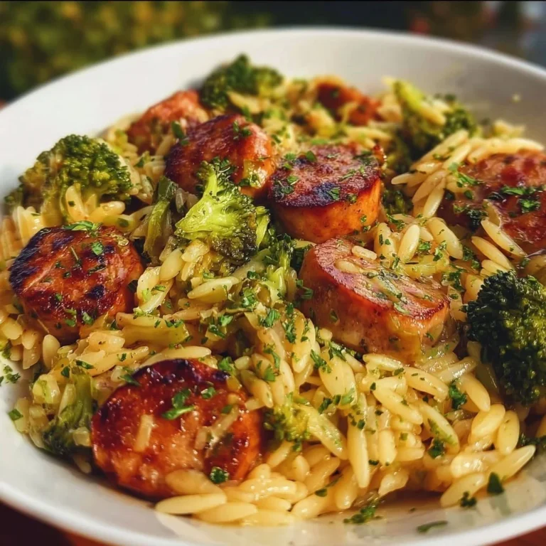 Chicken Sausage and Broccoli Orzo dish garnished with fresh herbs
