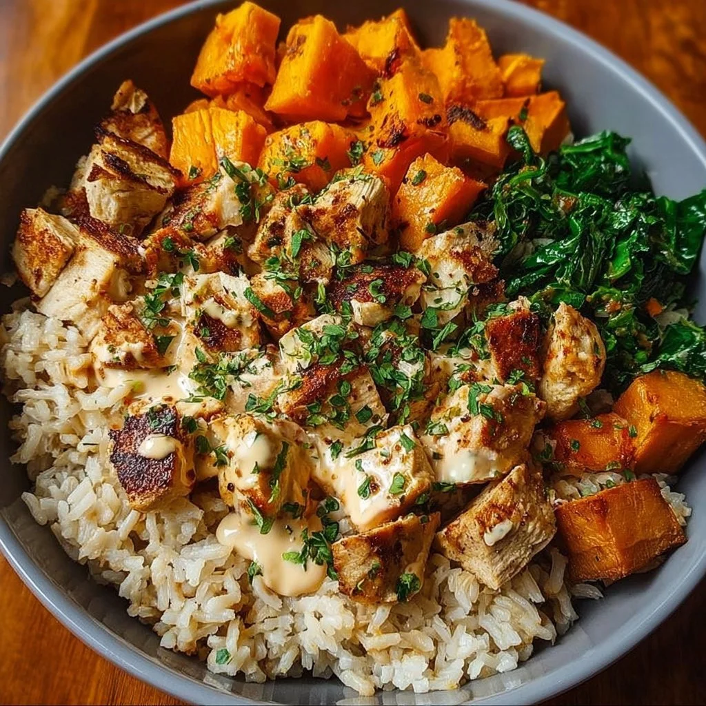 Delicious Chicken and Sweet Potato Rice Bowl garnished and ready to serve.