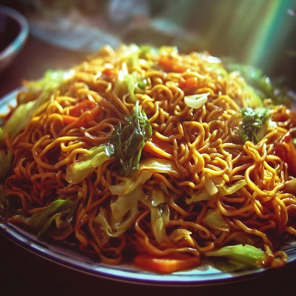Plate of Chow Mein stir-fried noodles with vegetables and meat