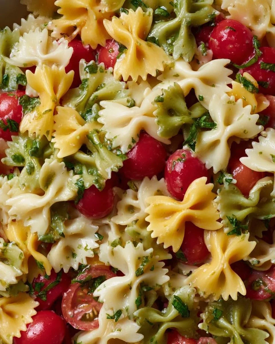 Colorful bow tie pasta salad filled with fresh vegetables and dressing