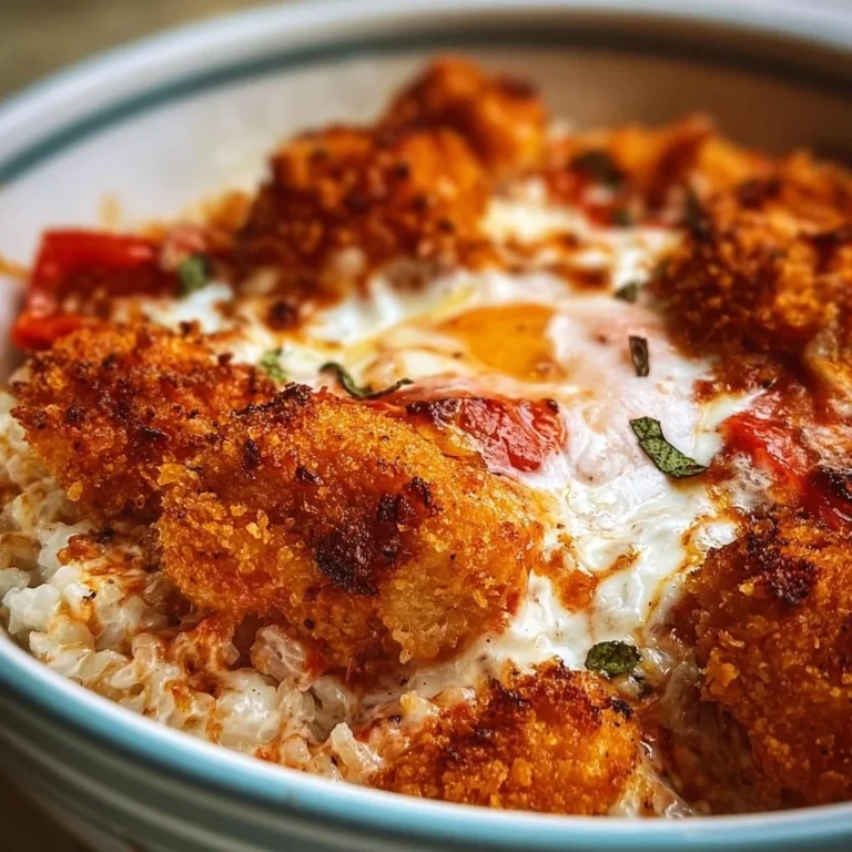 Cottage Cheese Chicken Parmesan Bowl topped with melted cheese and herbs