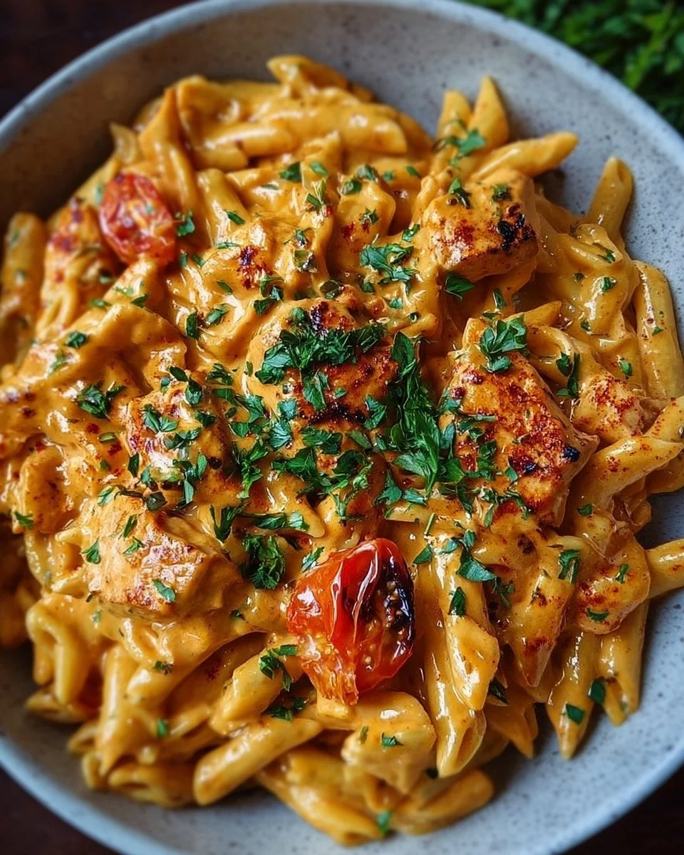 Delicious Cowboy Butter Chicken Pasta served in a bowl with fresh herbs.