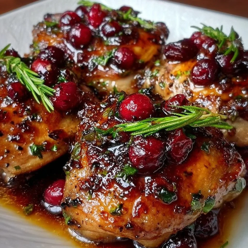 Juicy Cranberry Balsamic Chicken Thighs garnished with herbs and cranberries.