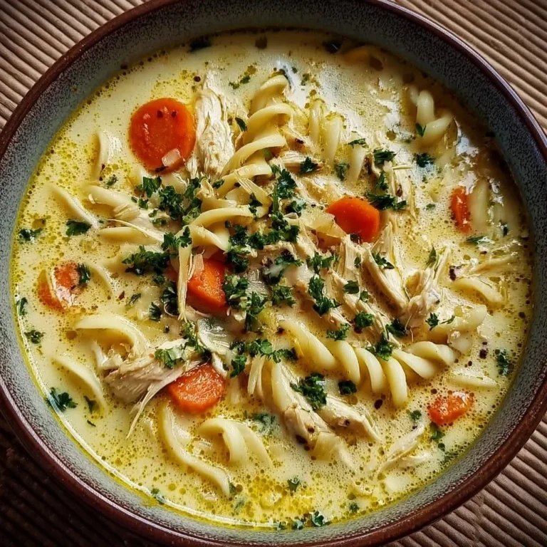 Delicious creamy chicken noodle soup in a bowl, garnished with herbs.