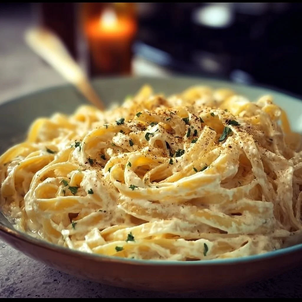 A delicious plate of creamy fettuccine alfredo topped with parsley and parmesan.
